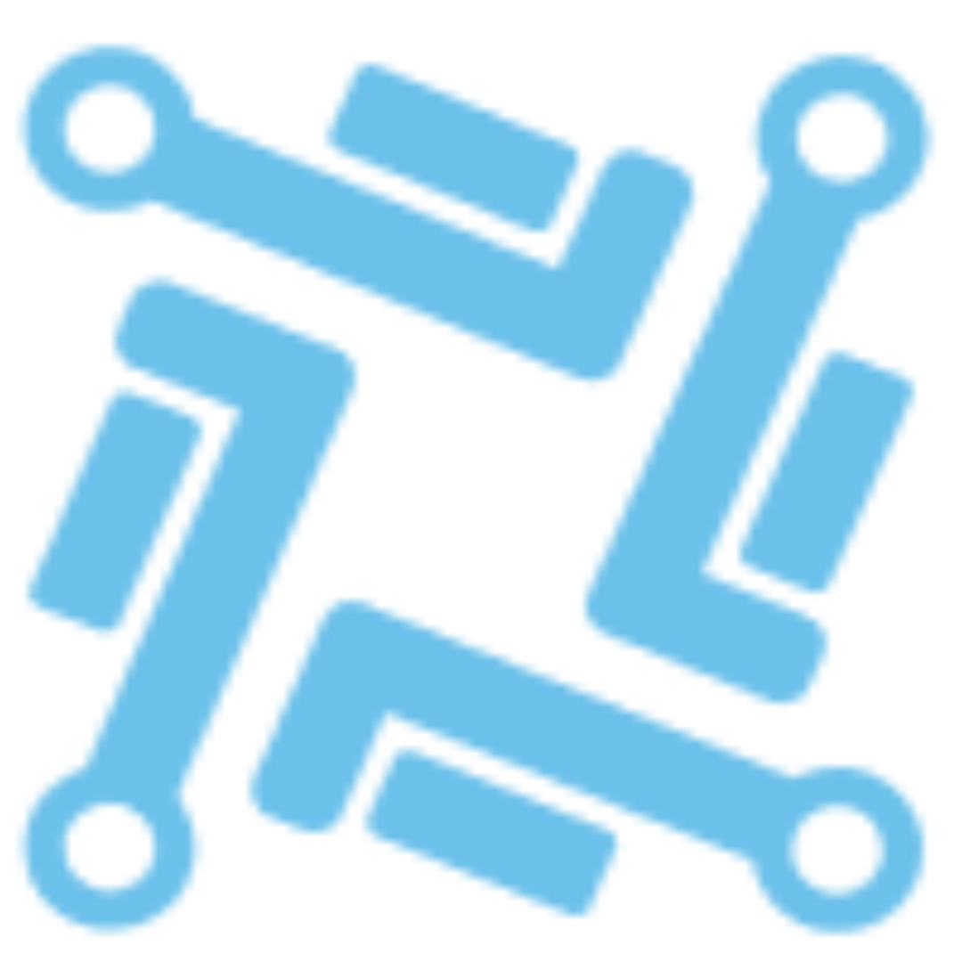 Abstract logo with four blue wrench-like shapes.